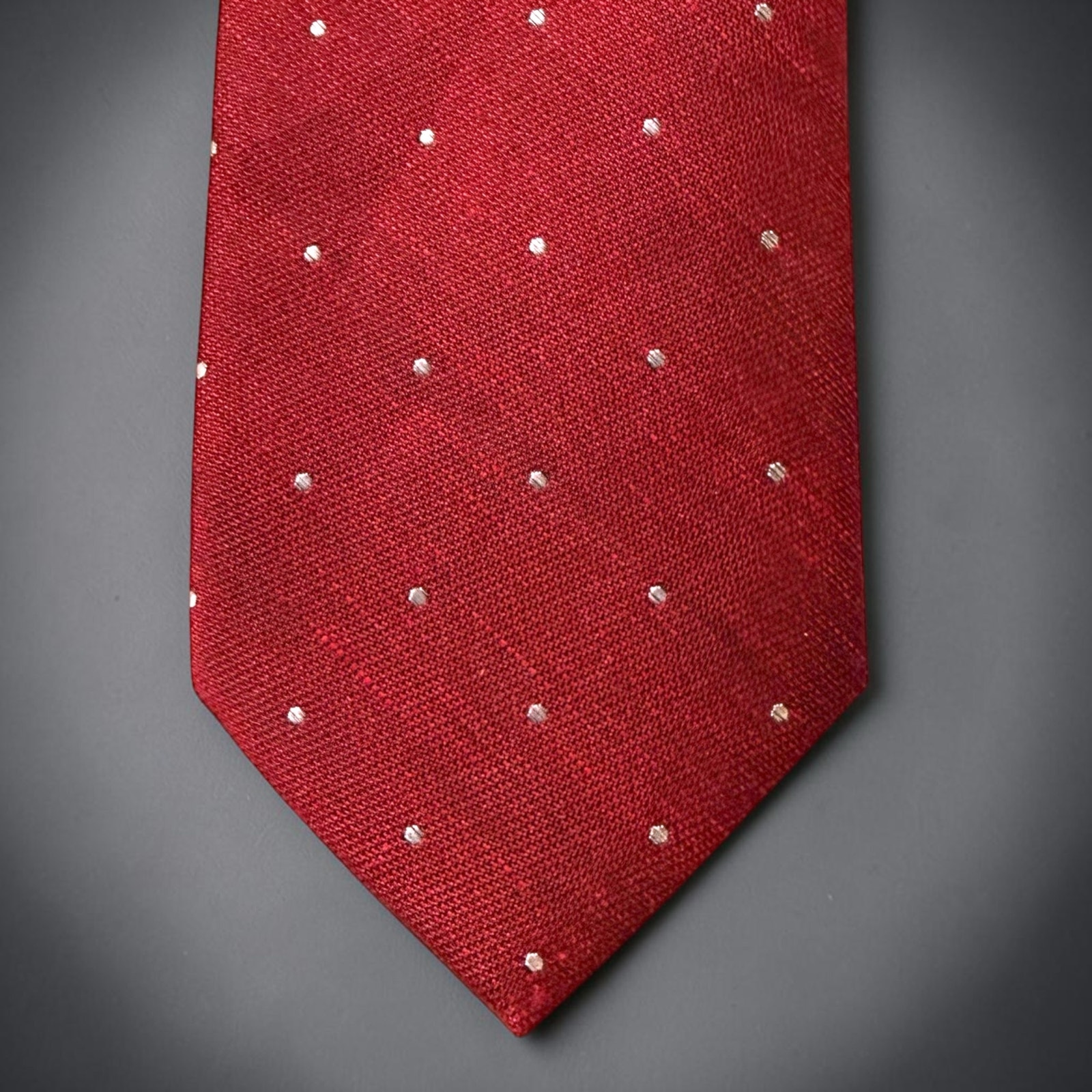 Tie Bar Necktie Mens Red White Polka Dot Skinny Silk Linen Blend Size 58” — image 2 of 8